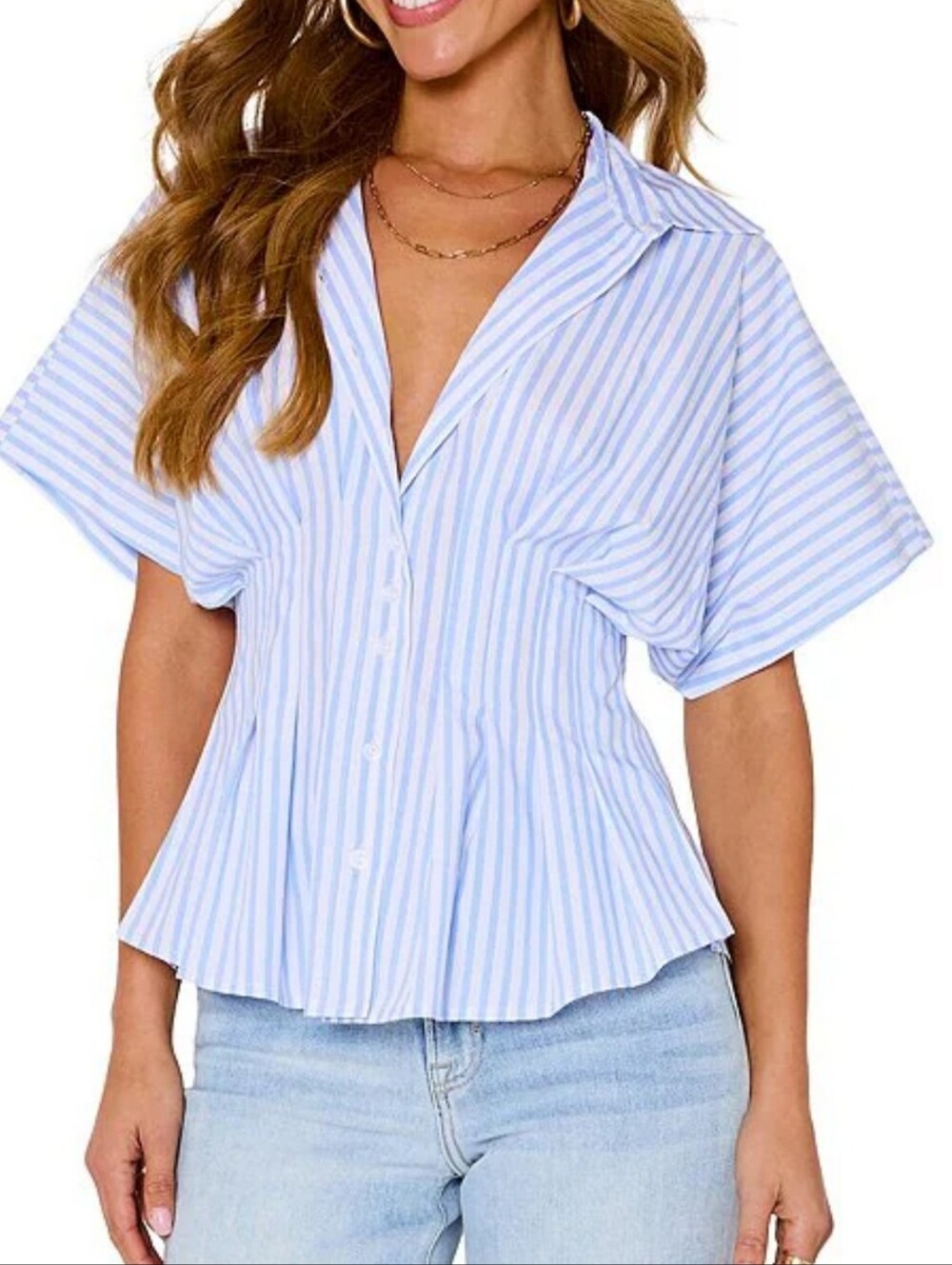 NEW Summer 2026 Light Blue & White Striped Short Sleeve Button-Up Top